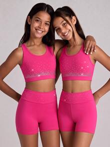 Tween Girls Active Top Shorts Set, Hot Pink High Stretch Shiny Crystals Activewear Rose, Gymnastics, Dance Training, Fall, Gym Cute Workout Athletic - Hot Pink - View 3