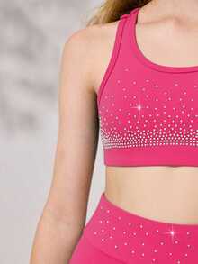 Tween Girls Active Top Shorts Set, Hot Pink High Stretch Shiny Crystals Activewear Rose, Gymnastics, Dance Training, Fall, Gym Cute Workout Athletic - Hot Pink - View 9