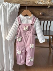 Vintaside Kids 2pcs/Set Baby Girls Solid Color Long Sleeve Top And Rabbit Decor Sleeveless Bib Pants Jumpsuit - Multicolor - View 9
