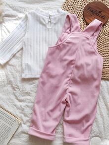 Vintaside Kids 2pcs/Set Baby Girls Solid Color Long Sleeve Top And Rabbit Decor Sleeveless Bib Pants Jumpsuit - Multicolor - View 4