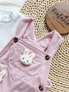 Vintaside Kids 2pcs/Set Baby Girls Solid Color Long Sleeve Top And Rabbit Decor Sleeveless Bib Pants Jumpsuit - Multicolor - View 7