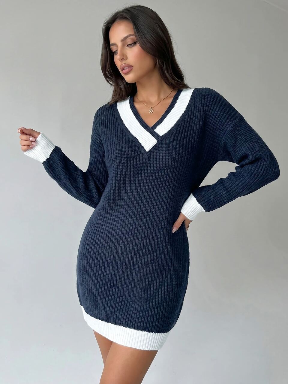Contrast Trim Drop Shoulder Sweater Dress