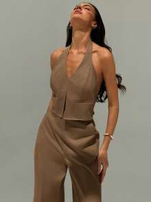 Aloruh Mocha Brown Elegant Summer Night Out Deep V Neck Sleeveless Backless Top And Wide Leg Pants 2 Pieces Set,Lady Style Suit For Office Commuting Street - Camel - View 4