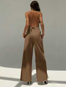 Aloruh Mocha Brown Elegant Summer Night Out Deep V Neck Sleeveless Backless Top And Wide Leg Pants 2 Pieces Set,Lady Style Suit For Office Commuting Street - Camel - View 3