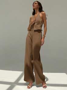 Aloruh Mocha Brown Elegant Summer Night Out Deep V Neck Sleeveless Backless Top And Wide Leg Pants 2 Pieces Set,Lady Style Suit For Office Commuting Street - Camel - View 2