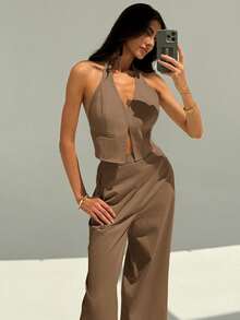 Aloruh Mocha Brown Elegant Summer Night Out Deep V Neck Sleeveless Backless Top And Wide Leg Pants 2 Pieces Set,Lady Style Suit For Office Commuting Street - Camel - View 7