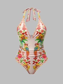 Swim Oasis South American Coconut Tree Pink Green Floral Placement Print Premium One-Piece Beach Vacation Suit For Women - Multicolor - View 11