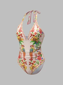 Swim Oasis South American Coconut Tree Pink Green Floral Placement Print Premium One-Piece Beach Vacation Suit For Women - Multicolor - View 3