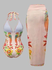 Swim Oasis South American Coconut Tree Pink Green Floral Placement Print Premium One-Piece Beach Vacation Suit For Women - Multicolor - View 2