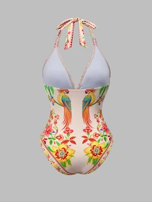 Swim Oasis South American Coconut Tree Pink Green Floral Placement Print Premium One-Piece Beach Vacation Suit For Women - Multicolor - View 4