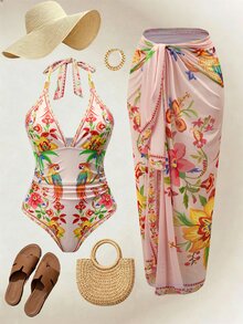 Swim Oasis South American Coconut Tree Pink Green Floral Placement Print Premium One-Piece Beach Vacation Suit For Women - Multicolor - View 1