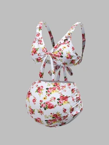 Swim Oasis 26SS Summer Maternity 3 PiecesSwimwear Set, Suitable For Summer Beach Vacation, Floral Ruffle Trim Decor, Bow Swimwear With Multi-Layer Skirt Set - Multicolor - View 4