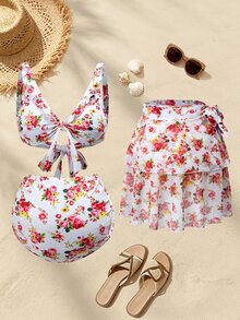 Swim Oasis 26SS Summer Maternity 3 PiecesSwimwear Set, Suitable For Summer Beach Vacation, Floral Ruffle Trim Decor, Bow Swimwear With Multi-Layer Skirt Set - Multicolor - View 1