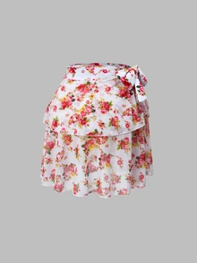 Swim Oasis 26SS Summer Maternity 3 PiecesSwimwear Set, Suitable For Summer Beach Vacation, Floral Ruffle Trim Decor, Bow Swimwear With Multi-Layer Skirt Set - Multicolor - View 8