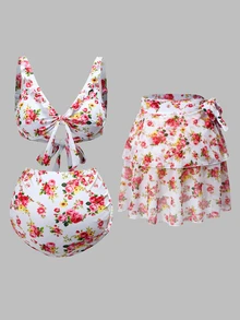 Swim Oasis 26SS Summer Maternity 3 PiecesSwimwear Set, Suitable For Summer Beach Vacation, Floral Ruffle Trim Decor, Bow Swimwear With Multi-Layer Skirt Set - Multicolor - View 10