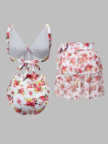 Swim Oasis 26SS Summer Maternity 3 PiecesSwimwear Set, Suitable For Summer Beach Vacation, Floral Ruffle Trim Decor, Bow Swimwear With Multi-Layer Skirt Set - Multicolor - View 2