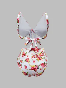 Swim Oasis 26SS Summer Maternity 3 PiecesSwimwear Set, Suitable For Summer Beach Vacation, Floral Ruffle Trim Decor, Bow Swimwear With Multi-Layer Skirt Set - Multicolor - View 5