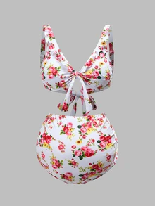 Swim Oasis 26SS Summer Maternity 3 PiecesSwimwear Set, Suitable For Summer Beach Vacation, Floral Ruffle Trim Decor, Bow Swimwear With Multi-Layer Skirt Set - Multicolor - View 3
