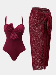 Swim Oasis 26SS Spring/Summer Solid Color Casual Sexy Vacation One-Piece Swimsuit For Women, Includes Cover-Up Skirt Beach Party Burgundy - Red - View 8