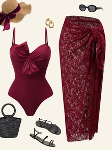 Swim Oasis 26SS Spring/Summer Solid Color Casual Sexy Vacation One-Piece Swimsuit For Women, Includes Cover-Up Skirt Beach Party Burgundy - Red - View 1