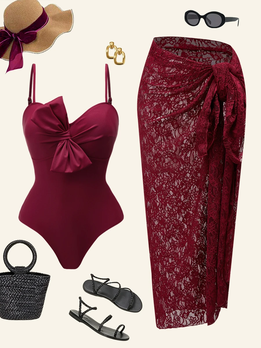 Swim Oasis 26SS Spring/Summer Solid Color Casual Sexy Vacation One-Piece Swimsuit For Women, Includes Cover-Up Skirt Beach Party Burgundy - Red - View 1