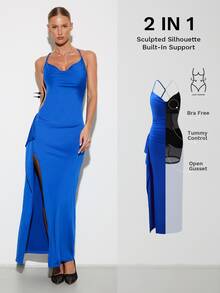 Nuvra Women's Royal Blue Summer Elegant Party Night Backless Midi Dress, Spaghetti Strap Slit Thigh Built In Bra Sculpted Silhouette Bodycon Maxi Dress - Royal Blue - View 1