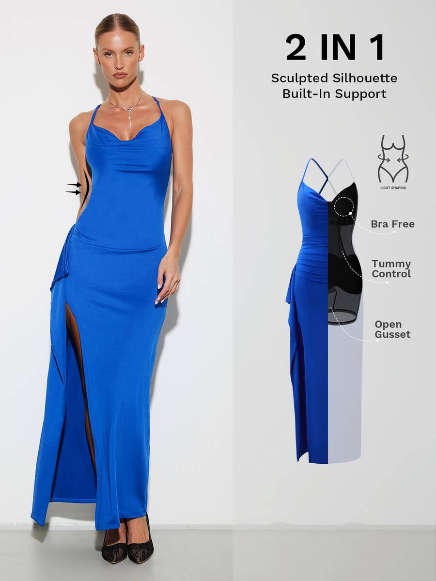 Nuvra Women's Royal Blue Summer Elegant Party Night Backless Midi Dress, Spaghetti Strap Slit Thigh Built In Bra Sculpted Silhouette Bodycon Maxi Dress - Royal Blue - View 1