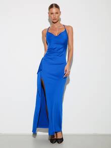 Nuvra Women's Royal Blue Summer Elegant Party Night Backless Midi Dress, Spaghetti Strap Slit Thigh Built In Bra Sculpted Silhouette Bodycon Maxi Dress - Royal Blue - View 13