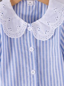 SHEIN Elladie kids 女童優雅刺繡蕾絲花瓣領公主長袖鈕扣開襟單排扣休閒時尚公主襯衫，適合學校、度假、旅行、生日派對、禮物，春季/秋季返校季節 - 藍色 - 查看 8