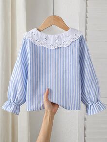 SHEIN Elladie kids 女童優雅刺繡蕾絲花瓣領公主長袖鈕扣開襟單排扣休閒時尚公主襯衫，適合學校、度假、旅行、生日派對、禮物，春季/秋季返校季節 - 藍色 - 查看 3