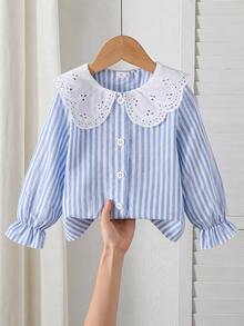 SHEIN Elladie kids 女童優雅刺繡蕾絲花瓣領公主長袖鈕扣開襟單排扣休閒時尚公主襯衫，適合學校、度假、旅行、生日派對、禮物，春季/秋季返校季節 - 藍色 - 查看 4