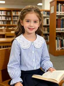SHEIN Elladie kids 女童優雅刺繡蕾絲花瓣領公主長袖鈕扣開襟單排扣休閒時尚公主襯衫，適合學校、度假、旅行、生日派對、禮物，春季/秋季返校季節 - 藍色 - 查看 5