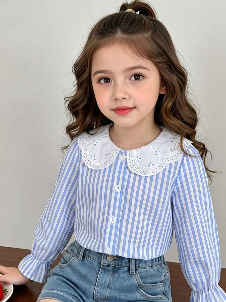 SHEIN Elladie kids 女童優雅刺繡蕾絲花瓣領公主長袖鈕扣開襟單排扣休閒時尚公主襯衫，適合學校、度假、旅行、生日派對、禮物，春季/秋季返校季節