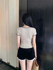 DAZY 女款蝴蝶結裝飾短袖針織上衣 夏季早午餐黑色可愛款 - 杏色 - 查看 3