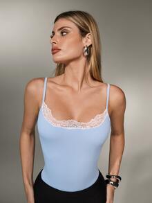 Nuvra Women's Double-Layer Lace Trim Shapewear Bodysuit - Blue - View 6