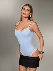 Nuvra Women's Double-Layer Lace Trim Shapewear Bodysuit - Blue - View 8
