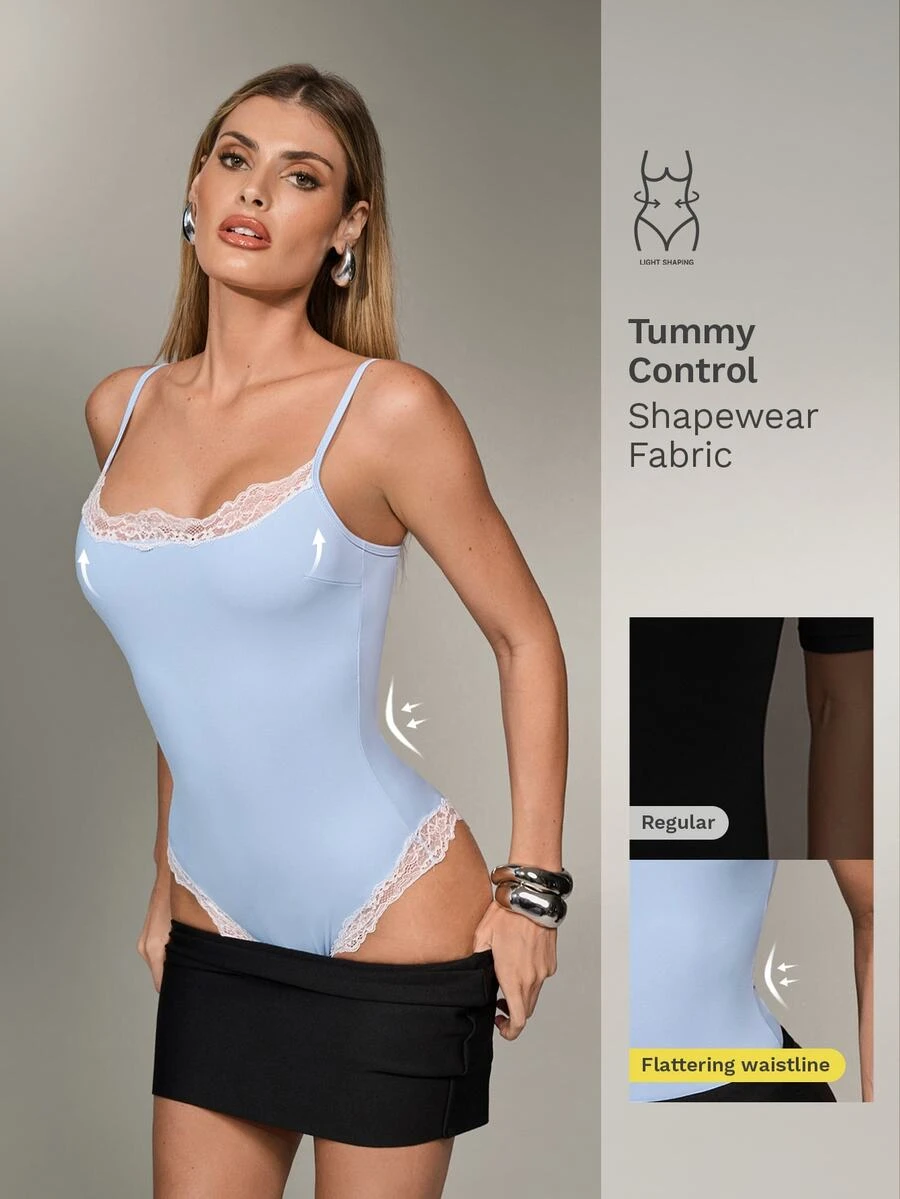 Nuvra Women's Double-Layer Lace Trim Shapewear Bodysuit - Blue - View 1