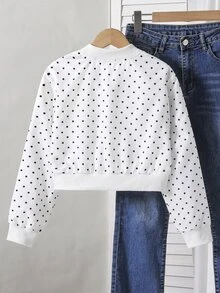 SHEIN Sparklyn Tween Girls Gray Knit Long Sleeve Polka Dot Print Short Baseball Zip Up Jacket, Thin Autumn Style, Casual, Back To School, Outfit - Black and White - View 2