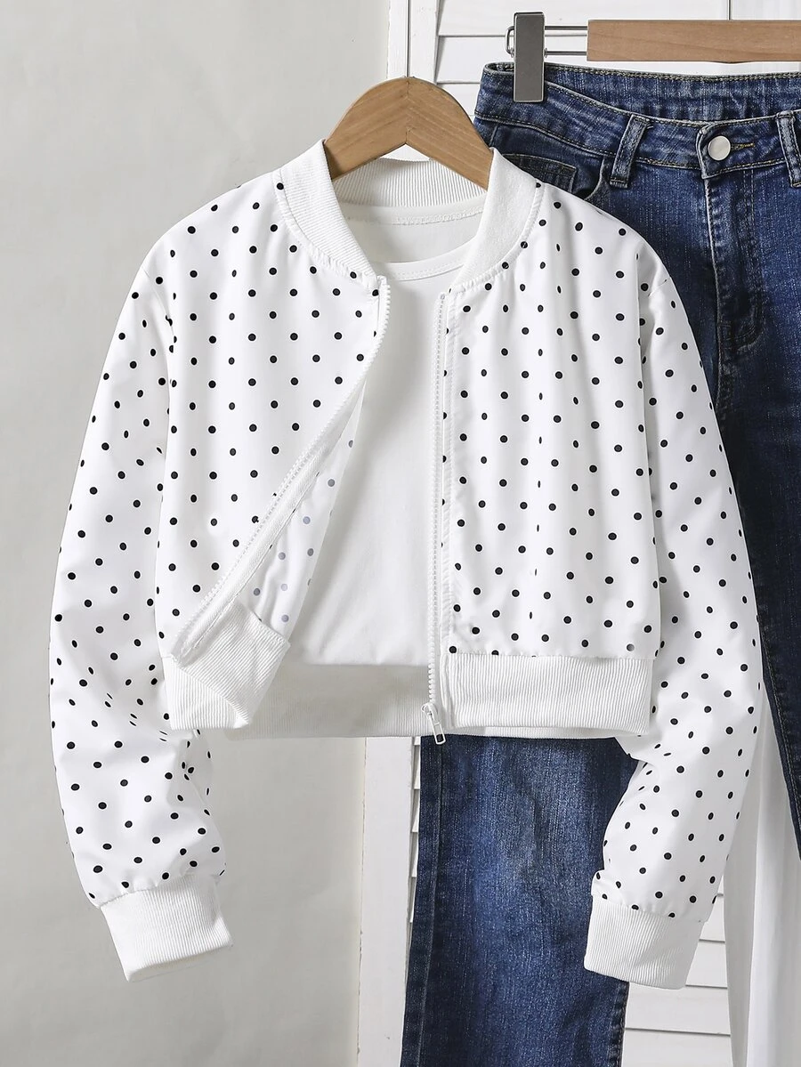 SHEIN Sparklyn Tween Girls Gray Knit Long Sleeve Polka Dot Print Short Baseball Zip Up Jacket, Thin Autumn Style, Casual, Back To School, Outfit - Black and White - View 1