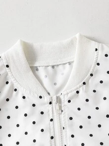 SHEIN Sparklyn Tween Girls Gray Knit Long Sleeve Polka Dot Print Short Baseball Zip Up Jacket, Thin Autumn Style, Casual, Back To School, Outfit - Black and White - View 3
