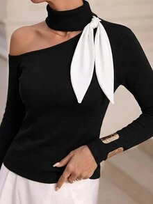 Editum Women's Black And White Contrast Ribbon Cutout Cold Shoulder Knit Elastic Long Sleeve Top, Elegant French Everyday Commute Activity Holiday Autumn - Multicolor - View 5