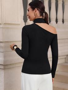 Editum Women's Black And White Contrast Ribbon Cutout Cold Shoulder Knit Elastic Long Sleeve Top, Elegant French Everyday Commute Activity Holiday Autumn - Multicolor - View 7