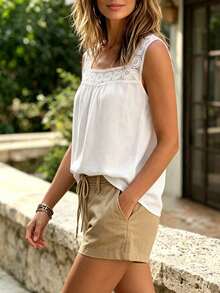 EMERY ROSE Women White Sleeveless Blouse, Square Neck Spliced Lace Decor Shirt With Standard Size Tag - White - View 3