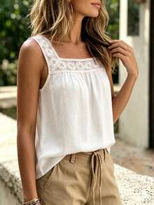EMERY ROSE Women White Sleeveless Blouse, Square Neck Spliced Lace Decor Shirt With Standard Size Tag - White - View 5