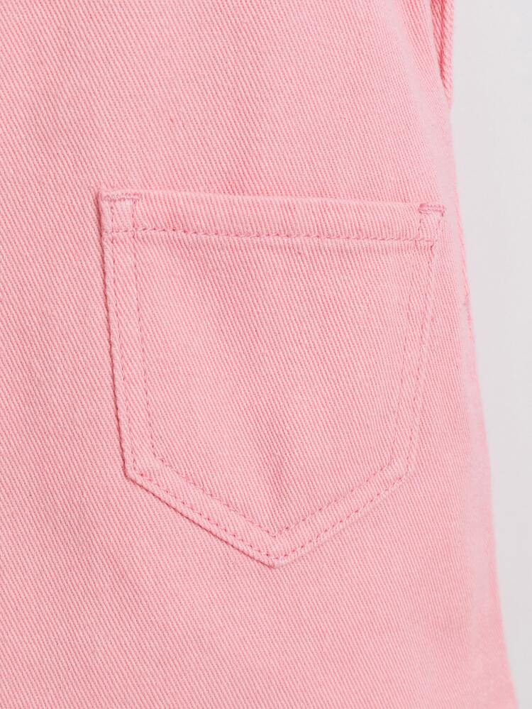 SHEIN Vintaside Kids Young Girl Denim Overall Dress, Summer New Arrival, Pink Heart Pattern Print, Ruffle Shoulder Straps, Sweet And Cute Sleeveless Tank Dress, Fashionable Minimalist Design, Comfortable Pure Cotton Denim Overall Skirt, Suitable For Daily Wear, School, Commuting, Summer Vacation, Spring/Summer Outings And More - Pink - View 6