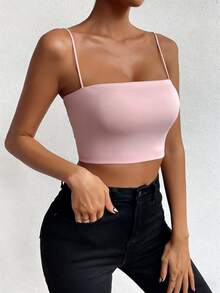 SHEIN Unity 粉色無袖基礎細肩帶上衣，優雅性感，派對之夜，街頭穿搭，女性生日，亮面，夜店，約會之夜，針織，Y2K，夏季 - 淺粉色 - 查看 7