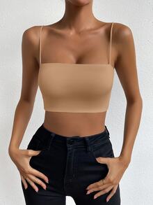 SHEIN Unity 素色吊帶短上衣 - 卡其色 - 查看 5