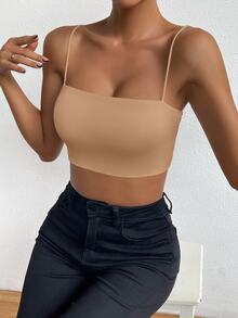 SHEIN Unity 素色吊帶短上衣 - 卡其色 - 查看 3