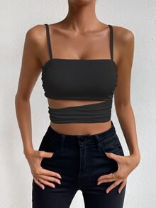 SHEIN Unity 鏤空側收褶吊帶短上衣 - 黑色 - 查看 6