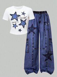SHEIN ChillGRL 青少年女孩 2件組 短袖星星印花圓領T恤與印花寬腿長褲 S號套裝，休閒夏季星星印花套裝 - 藍色 - 查看 4